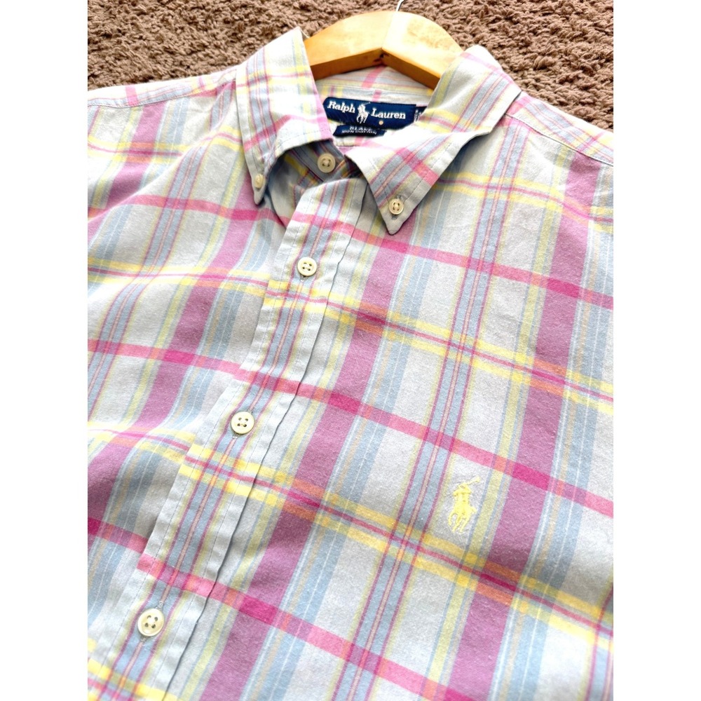 Ralph Lauren Blake Mens XL Short Sleeve Plaid Button Down Shirt Pink Yellow Blue